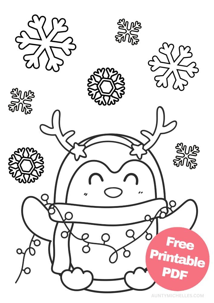 a winter coloring page with a penguin holding lights in the snow