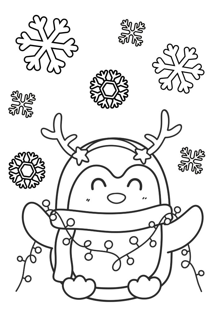 a winter coloring page with a penguin holding lights in the snow