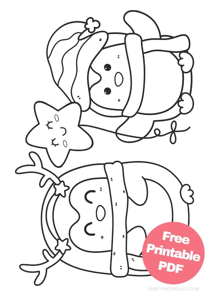 A simple coloring page with two cartoon penguins dressed in winter gear