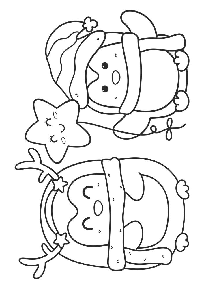 A simple coloring page with two cartoon penguins dressed in winter gear