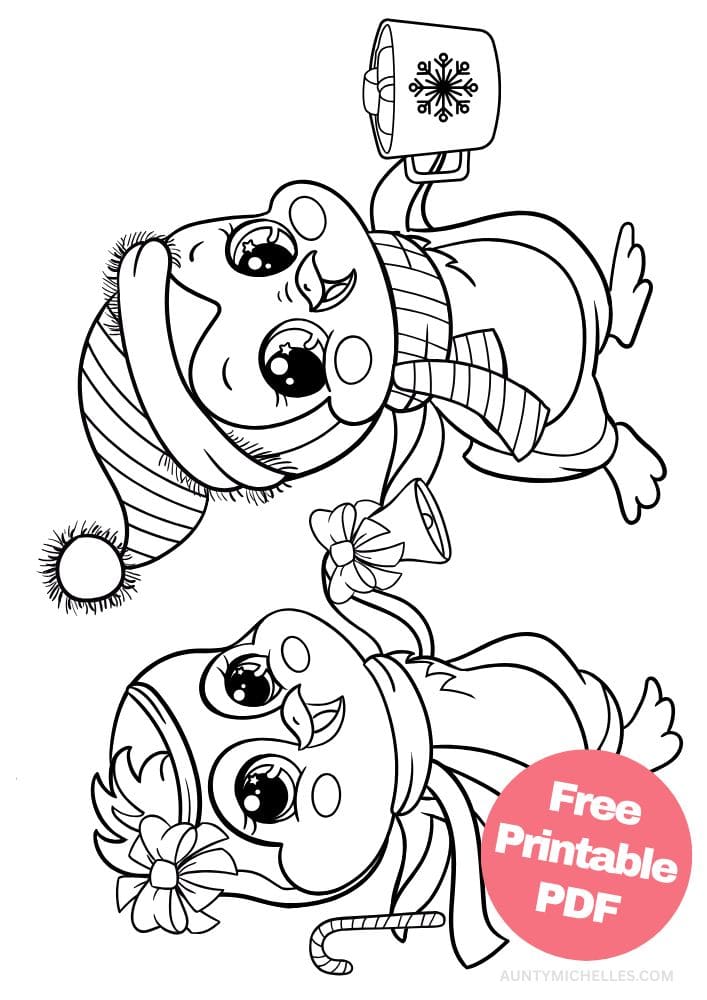 A coloring page with two cute penguins running with a hot cocoa, candy cane, and bell in their hands