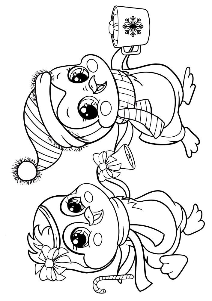 A coloring page with two cute penguins running with a hot cocoa, candy cane, and bell in their hands