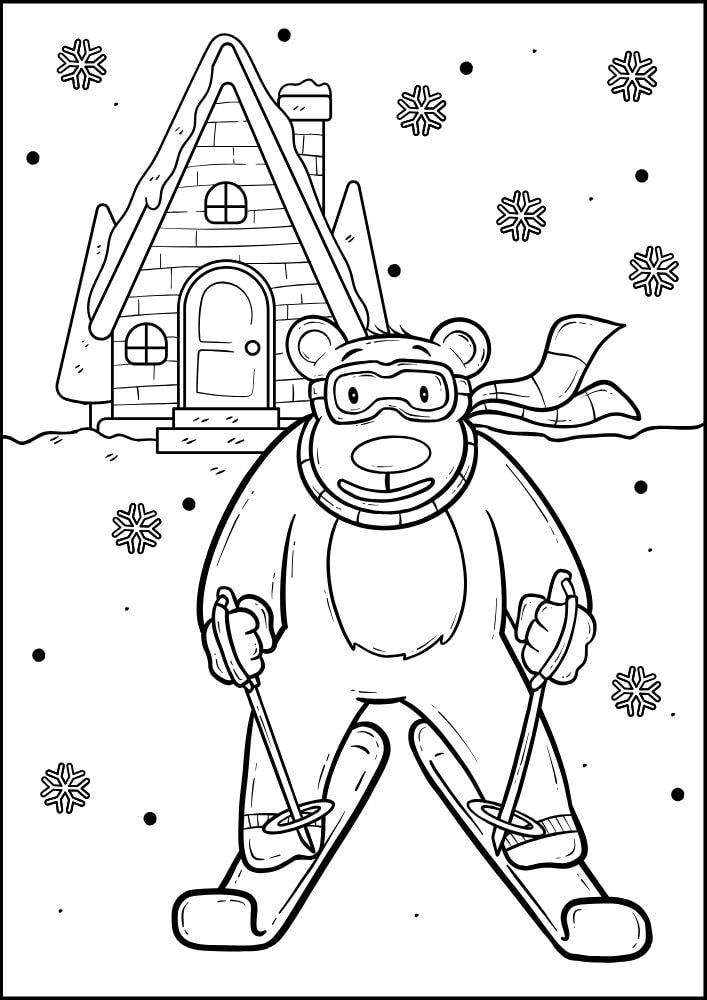 A winter themed coloring page with a silly bear going downhill skiing in front of a brick ski lodge