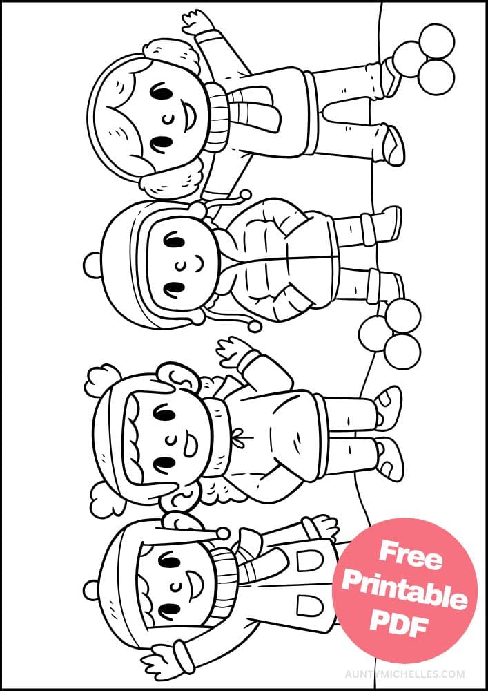 Cute coloring page of four kids dressed in winter clothing about to have a snow fight