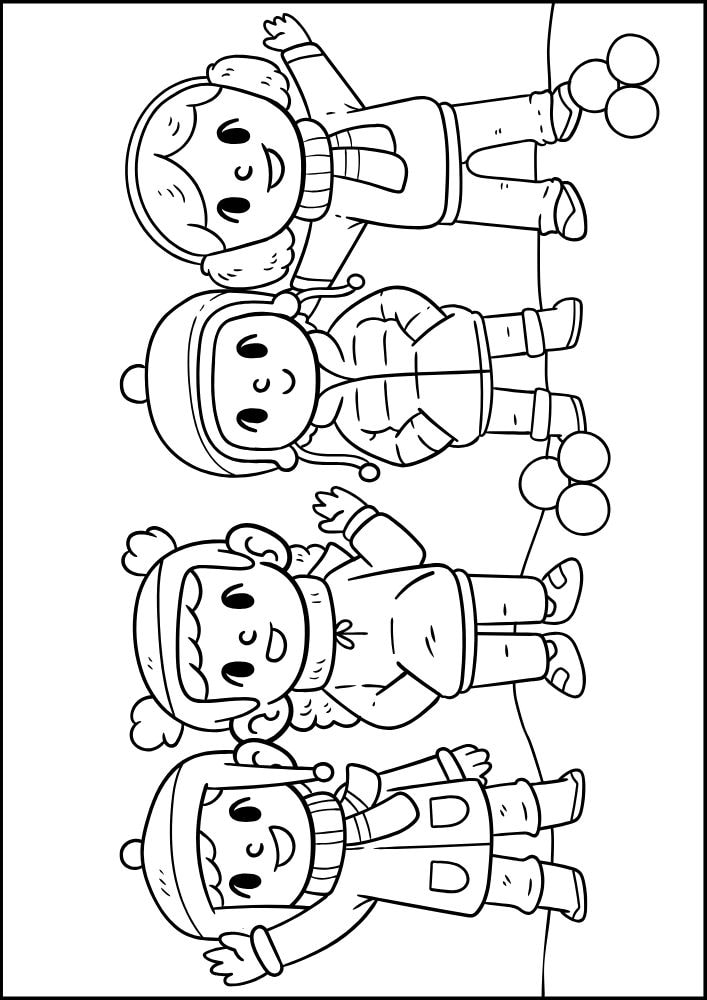 Cute coloring page of four kids dressed in winter clothing about to have a snow fight