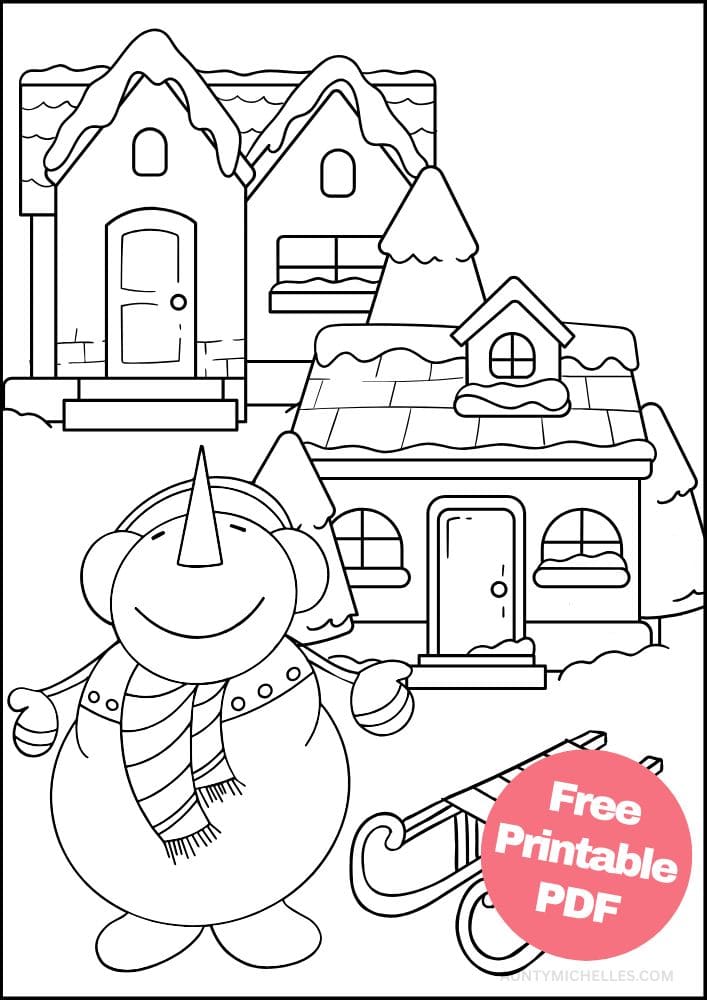 A coloring page with two wintery houses, a snowman looking at the sky, and a sled