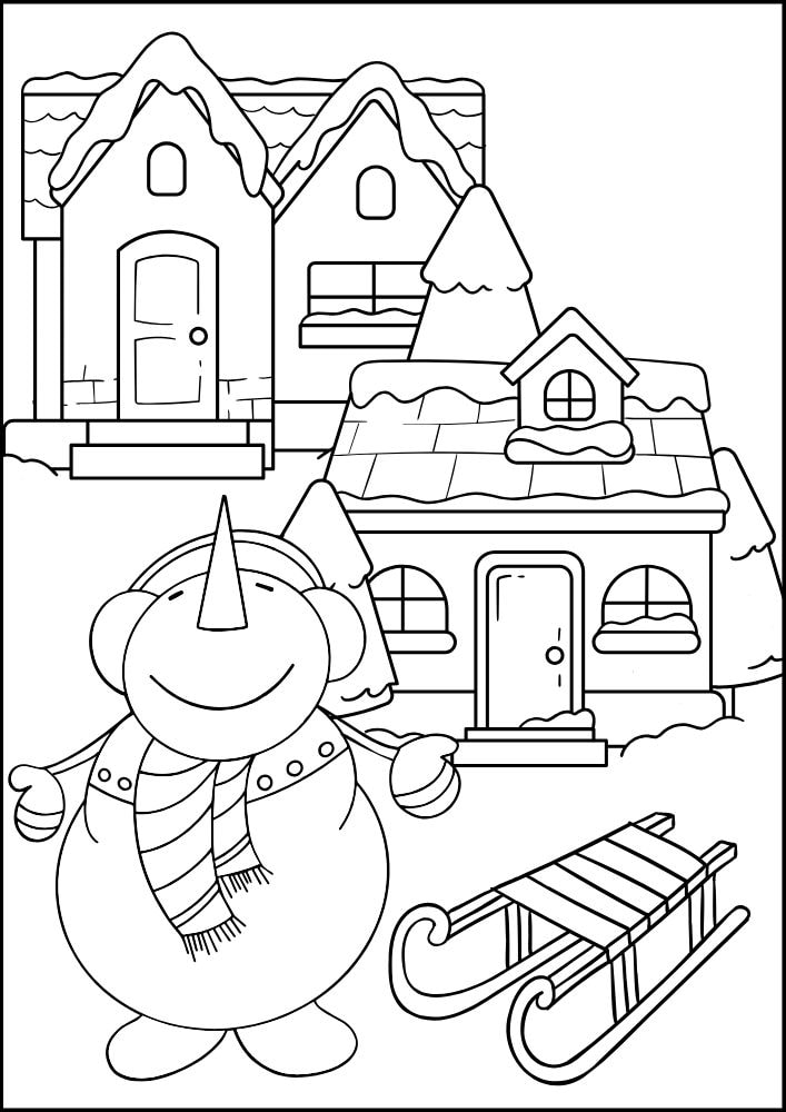 A coloring page with two wintery houses, a snowman looking at the sky, and a sled