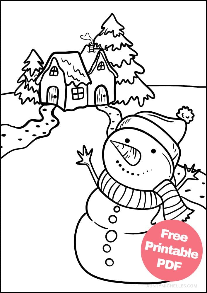 A winter inspired coloring page with a snowman in front of a house with snow on the roof