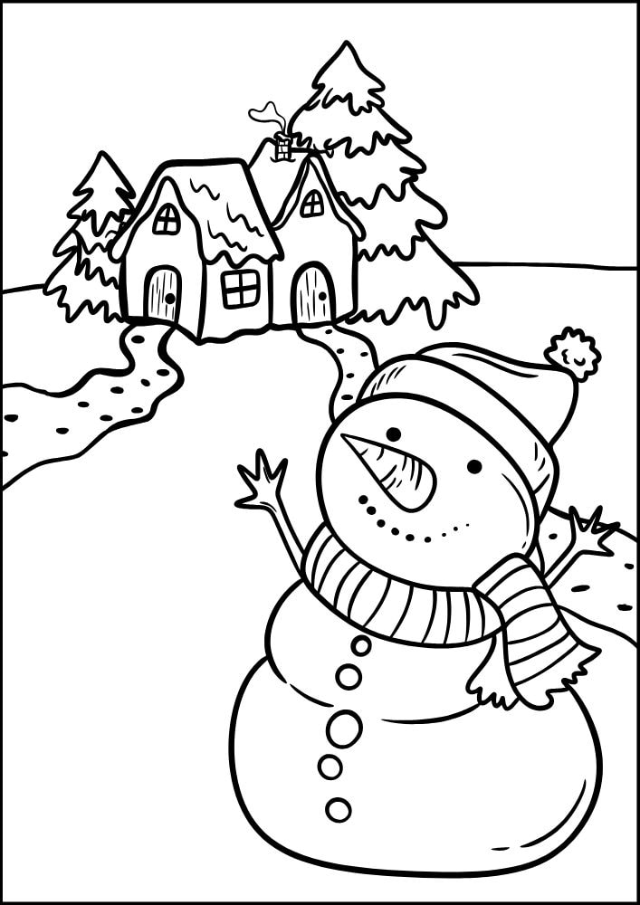 A winter inspired coloring page with a snowman in front of a house with snow on the roof