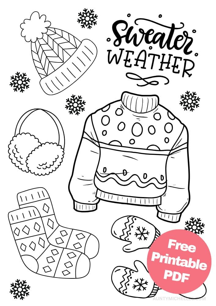 A winter inspired coloring page with a sweater, hat, mittens, ear muffs, and socks