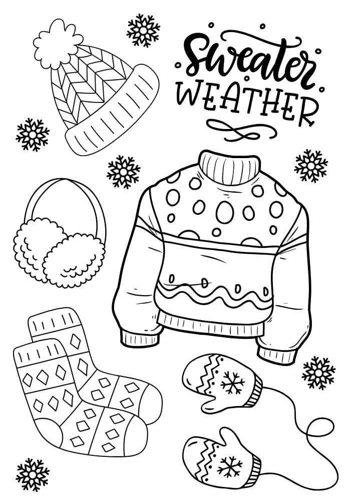 A winter inspired coloring page with a sweater, hat, mittens, ear muffs, and socks