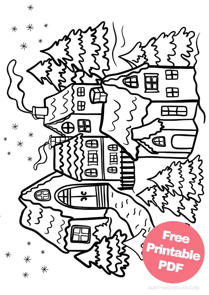 A coloring page with a winter village on it including four houses and a bunch of pine trees covered in sno