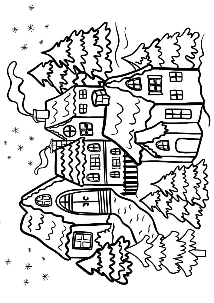 A coloring page with a winter village on it including four houses and a bunch of pine trees covered in sno