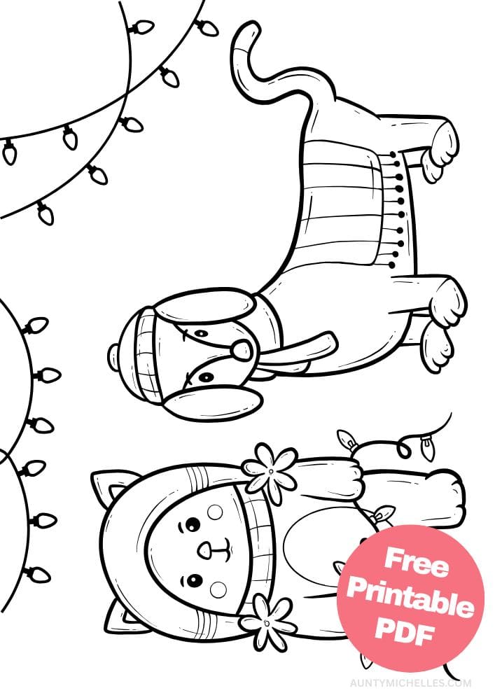 Coloring page with a cat and a dog dressed in winter clothing with lights above them