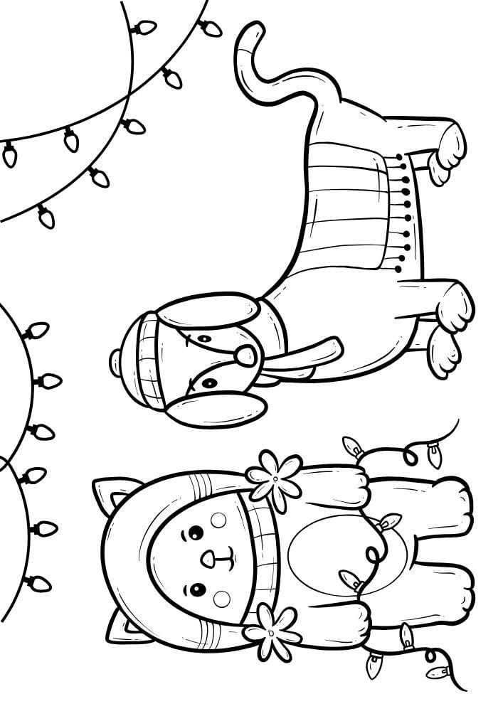 Coloring page with a cat and a dog dressed in winter clothing with lights above them