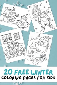 Enjoy these free printable winter coloring pages for kids that feature images of skiing, ice skating, ice fishing, hanging lights, drinking hot cocoa, building snowman, having snowball fights, winter villages, gingerbread houses, and more!