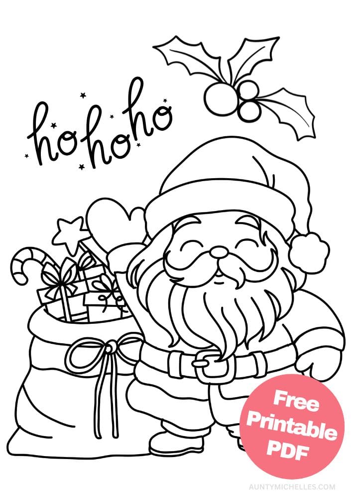 Santa themed coloring page with ho ho ho and bag of presents