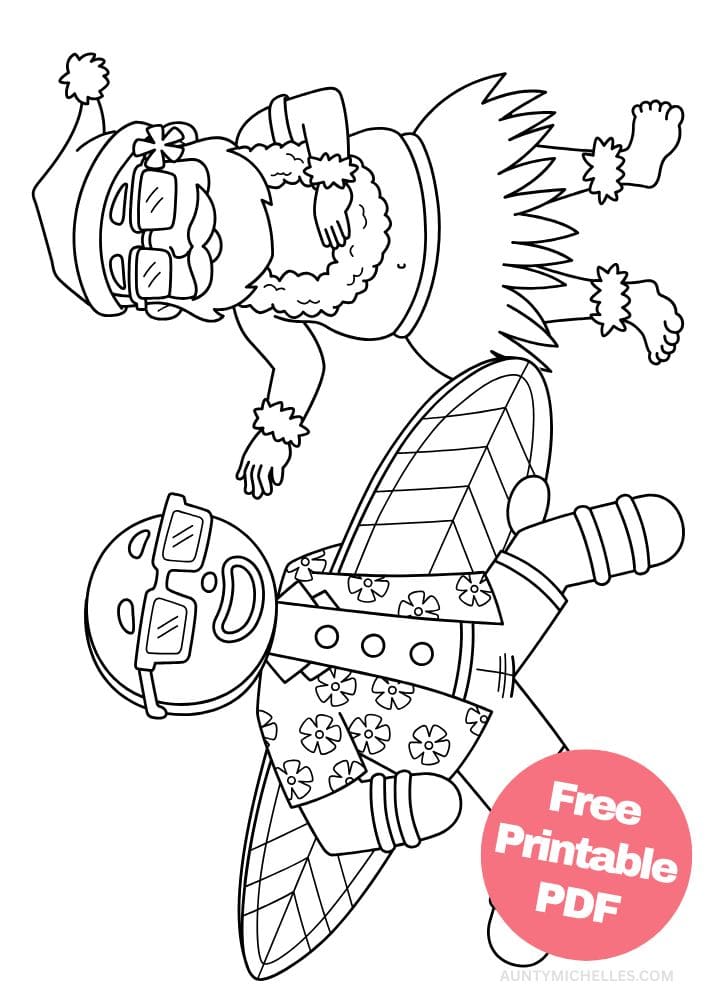 Christmas coloring page with beach themed santa and gingerbread man holding a surf board