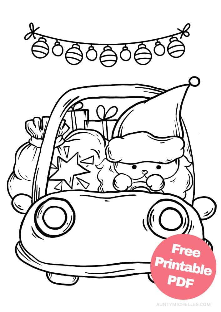 Christmas themed coloring page with a gnome driving a car full of gifts