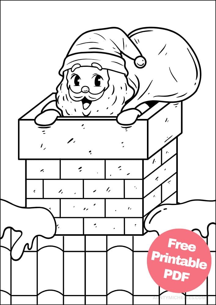 Christmas coloring page with St Nick coming out of a chimney with a bag of toys
