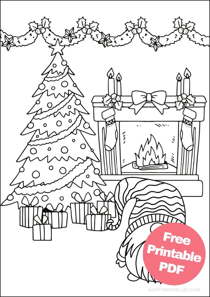 Christmas themed coloring page with a gnome standing in front of a tree and fireplace