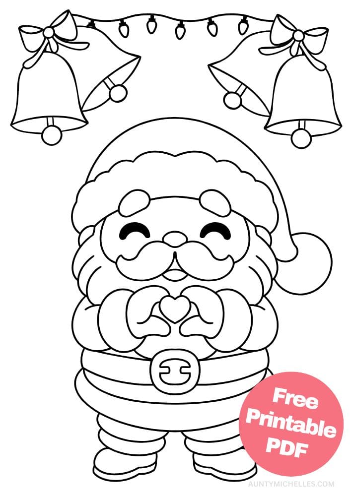 Christmas coloring page with Santa holding his hands in a heart shape