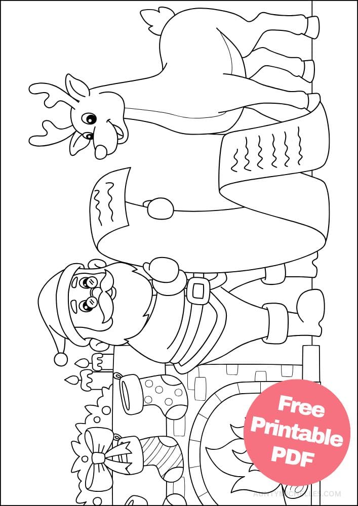 Christmas coloring page with Santa checking his list, a reindeer, and a fireplace with stockings