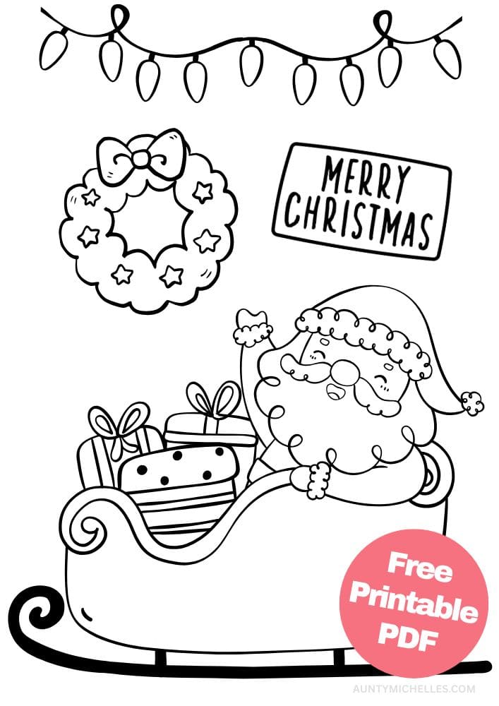 coloring page with santa in a sleigh, a wreath, and a sign that says merry christmas