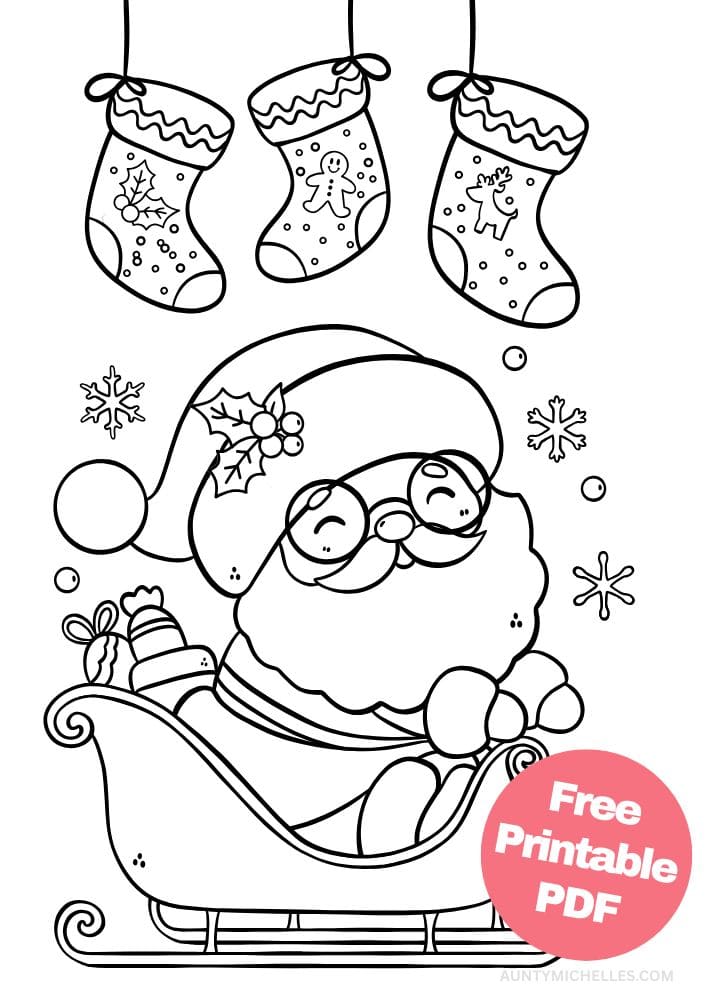 Christmas coloring page with santa in a sleigh and stockings