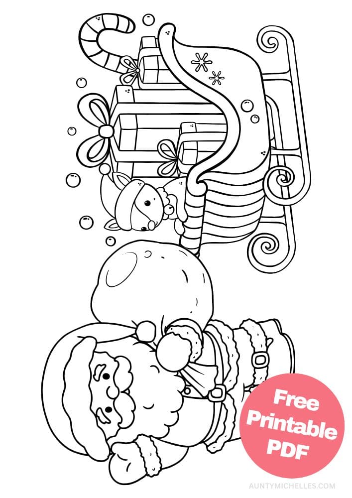 coloring page with santa holding a bag of toys next to a sleigh full of gifts