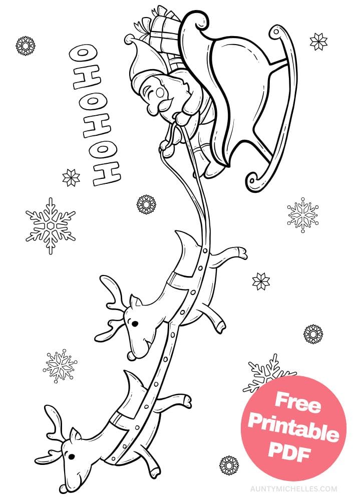 Christmas coloring page with reindeer pulling a sleigh through the sky