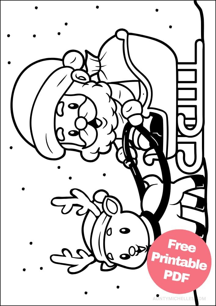 Santa themed coloring page a reindeer pulling a sleigh