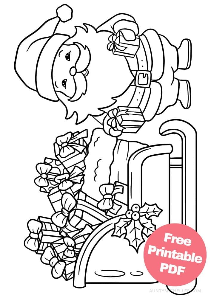 Christmas coloring page with santa and a sleigh full of gifts