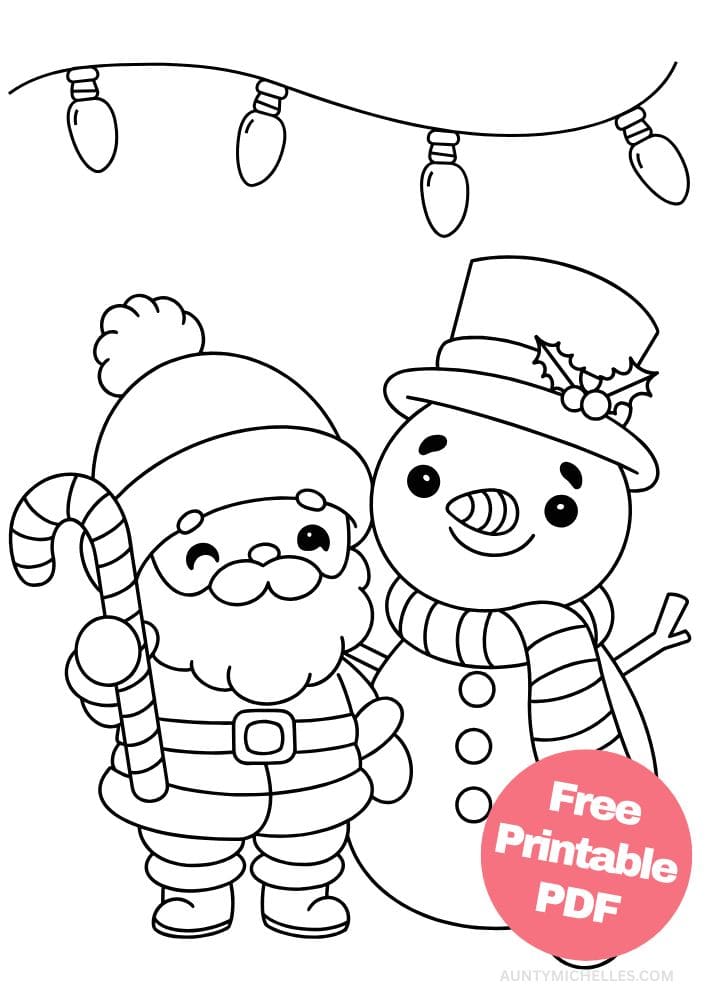 Santa themed coloring page with a snowman and christmas lights