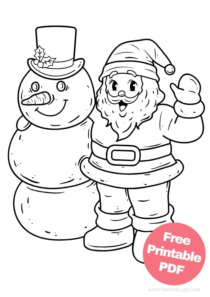 Christmas coloring page with St Nick and a snowman