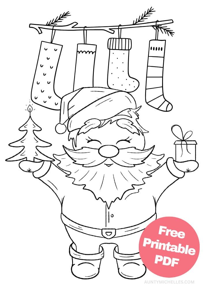 Christmas coloring page with santa standing in front of stockings