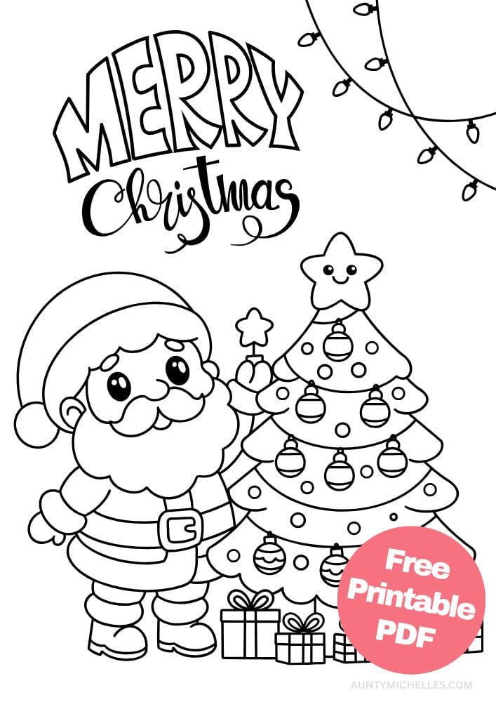 Santa Claus themed coloring page where he's decorating a tree and it says merry Christmas