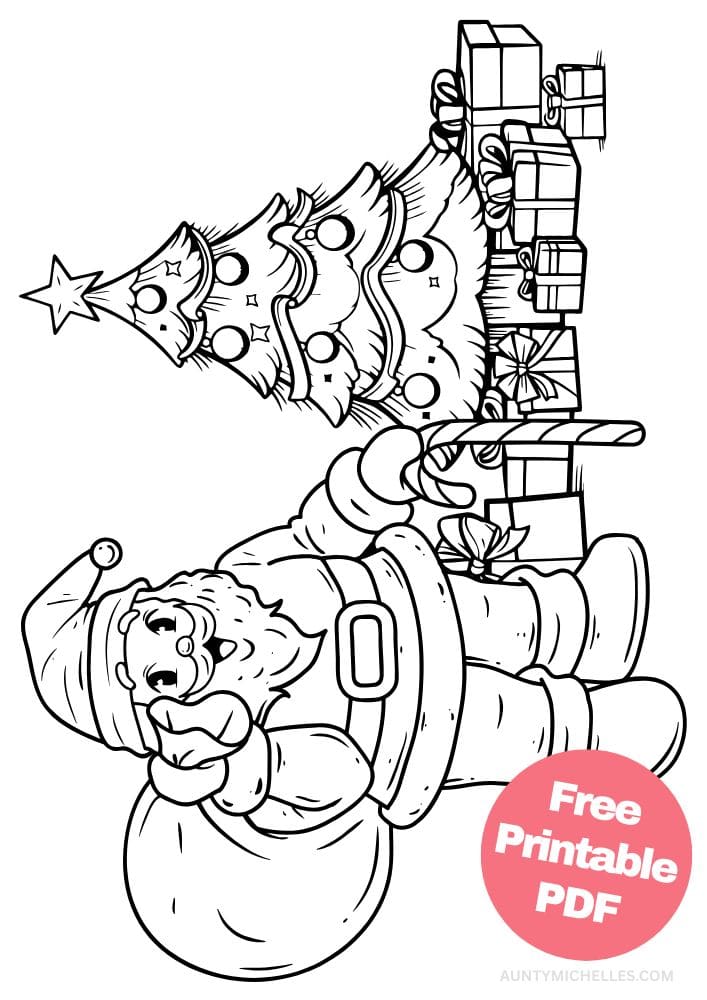Christmas coloring page with santa delivering presents under a tree