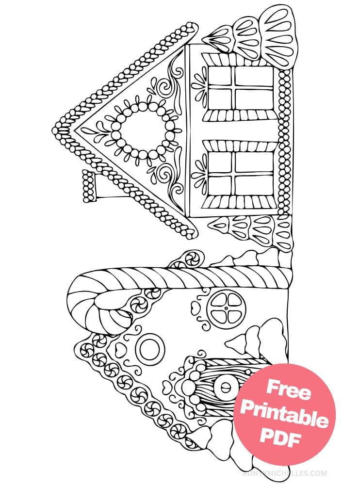 A coloring page of a two gingerbread houses with a candy cane in front
