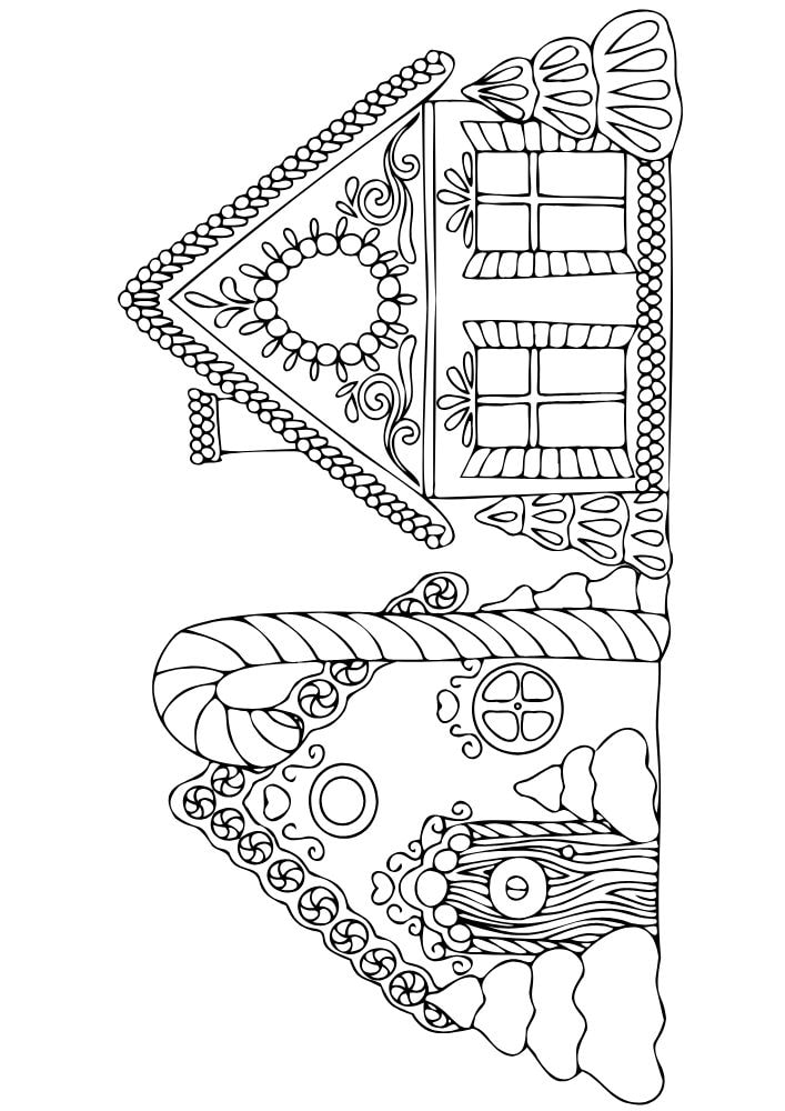 A coloring page of a two gingerbread houses with a candy cane in front