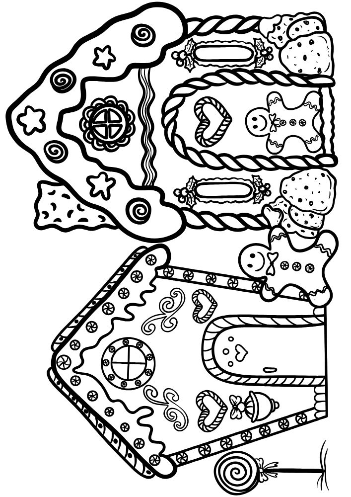 A coloring page of a two gingerbread houses with a gingerbread man in front