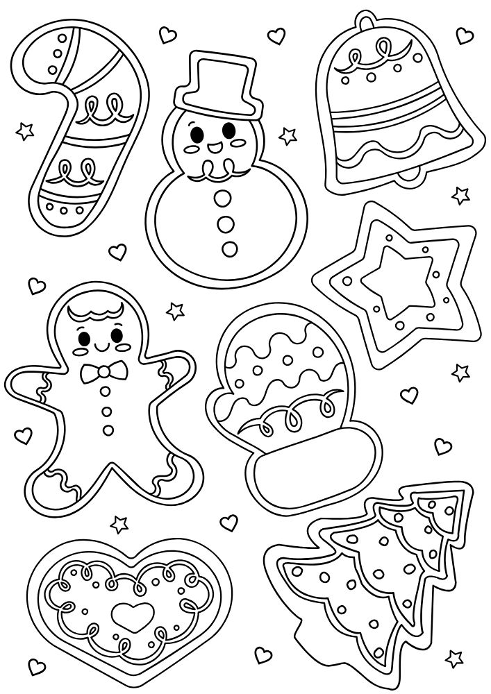 A coloring page of a gingerbread cookies snowman candy cane bell tree