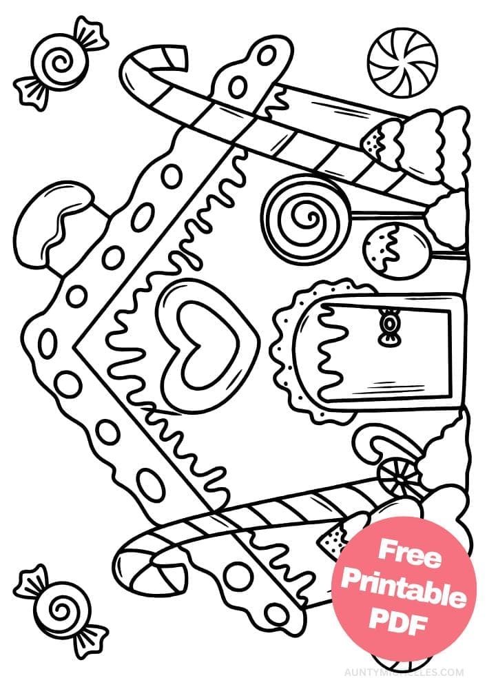 A coloring page of a gingerbread house with candy canes in front