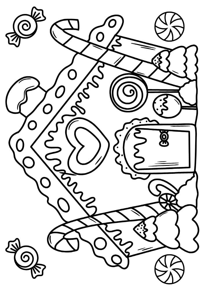 A coloring page of a gingerbread house with candy canes in front