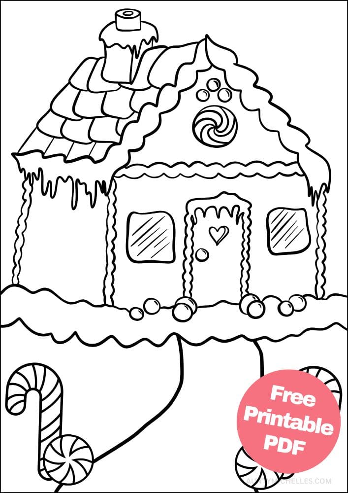 A coloring page of a gingerbread house with candy canes in front