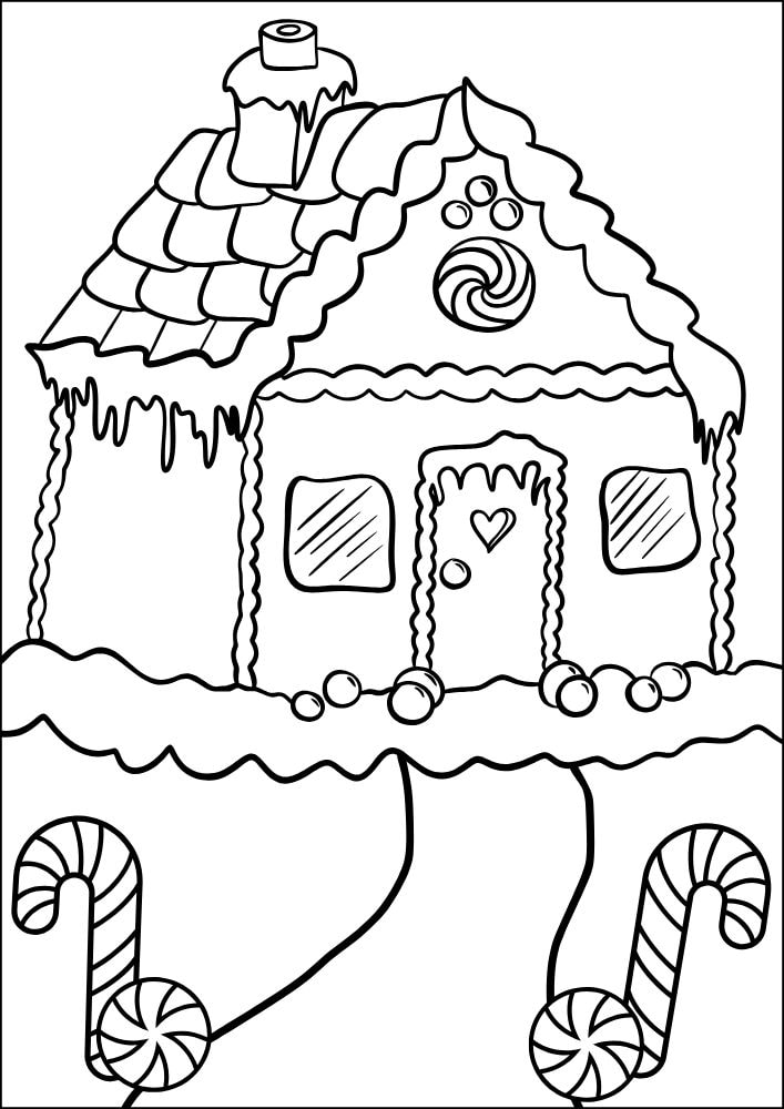 A coloring page of a gingerbread house with candy canes in front