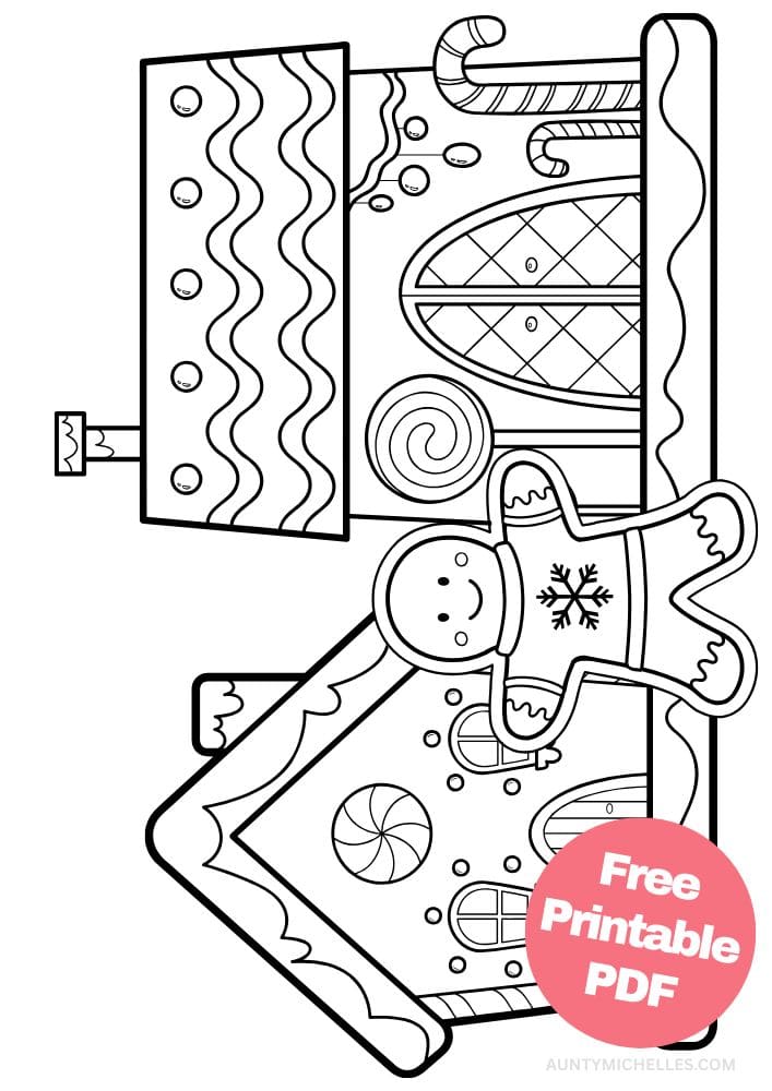 A coloring page of a two gingerbread houses with a gingerbread man in front