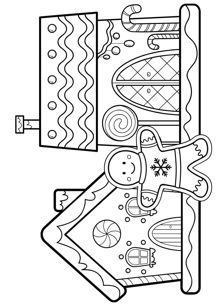 A coloring page of a two gingerbread houses with a gingerbread man in front