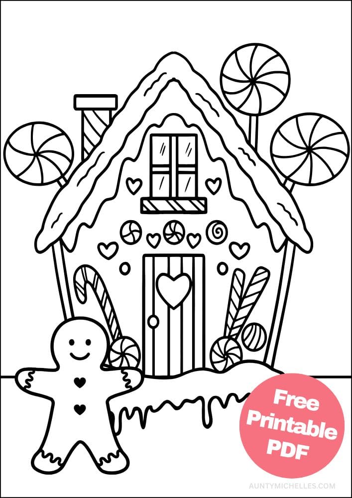 A coloring page of a gingerbread house with a gingerbread man in front