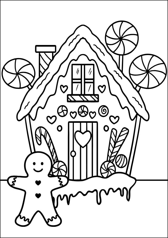 A coloring page of a gingerbread house with a gingerbread man in front